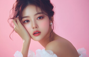 Beautiful Asian woman posing with clean and radiant skin, pink background