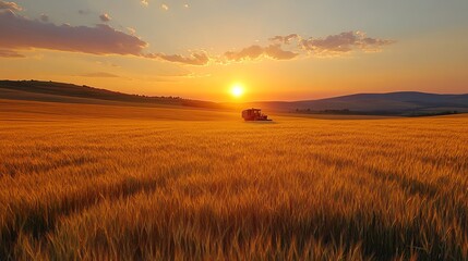 A tractor working in a golden wheat field during a vibrant sunset with clouds and distant hills view