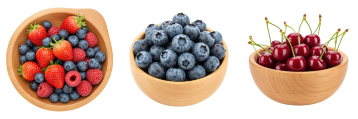 Fresh Strawberries, Blueberries, and Cherries in Wooden Bowls.