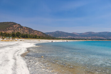 Beautiful view of lake salda with clay banks and turquoise water.