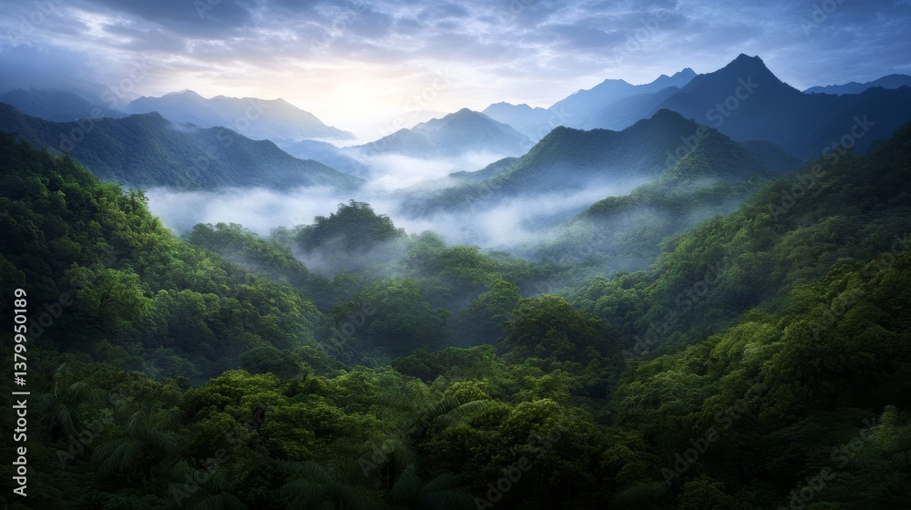 Poster dense jungle foliage meets towering chinese mountains shrouded in mist, creating a mystical atmosphe