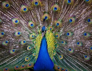Obraz premium A peacock with its tail fully fanned out, displaying brilliant feather colors