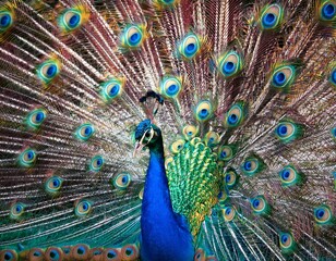 Naklejka premium Peacock with fully fanned tail displaying vibrant colorful feathers