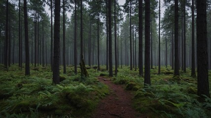 Fototapeta premium A serene forest landscape shrouded in mist, featuring tall pine trees and lush ferns along a winding path.