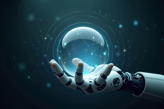 Advanced AI robot predicts the future with glowing crystal ball in hand.
