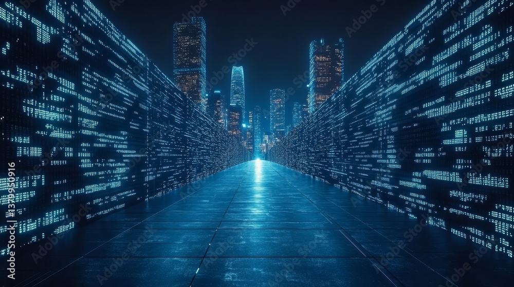 Poster futuristic cityscape with walls of binary code, big data and cyberspace tunnel concept