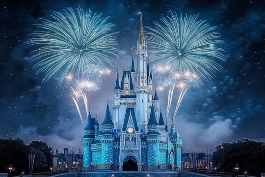 A bustling theme park in Florida, with fireworks lighting up the night sky above a magical castle