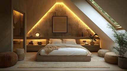 Cozy and stylish modern attic bedroom featuring sleek furniture, soft lighting, and a peaceful vibe. 