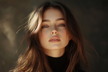 Fototapeta premium A beautiful woman stands gracefully with long shiny hair, capturing soft natural light that accentuates her features and creates a tranquil vibe