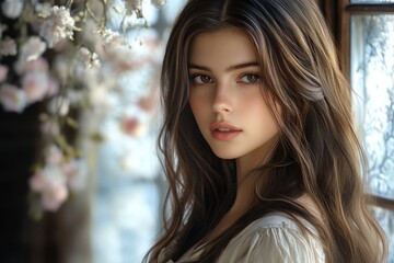A beautiful woman stands by a window, her long flowing brown hair cascading down. Soft sunlight filters through, illuminating her serene expression