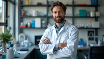 Confident Scientist In Laboratory With Arms Crossed