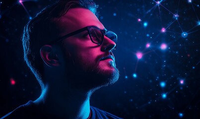 Man with glasses looking up at glowing network of lights in a dark blue and pink illuminated scene