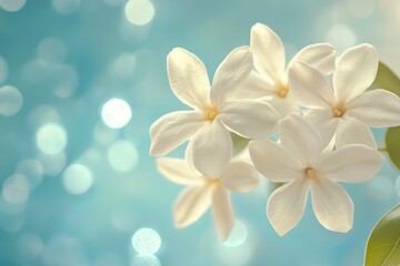 Delicate white jasmine flowers blossom vividly, showcasing their intricate petals and vibrant beauty on a serene blue background