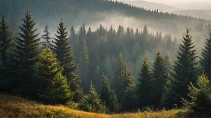 A serene landscape featuring lush pine trees in a misty forest at dawn.