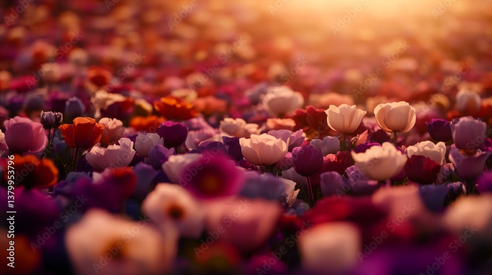 Aufkleber Sprawling field is filled with a diverse array of colorful flowers under gentle sunlight, creating a serene ambiance perfect for relaxation and reflection