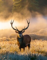 Fototapeta premium Majestic deer with large antlers in a clearing at early morning, mist rising