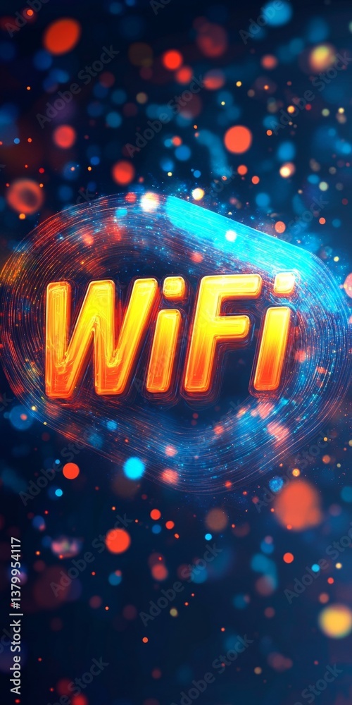 Poster glowing wifi symbol on a dark background with a colorful bokeh effect, representing connectivity