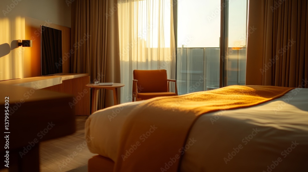 Aufkleber warm ambient light fills a modern bedroom featuring natural wood furniture and a soft throw blanket,