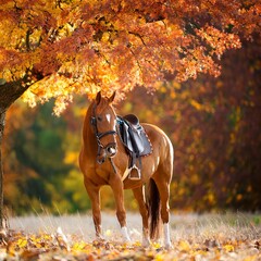 A bay horse with a leather saddle waiting for its rider under an autumn tree