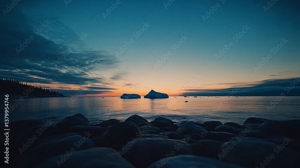 Poster A calm arctic location features a massive iceberg and smooth rocks in the foreground as soft light creates a serene atmosphere during twilight hours