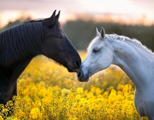 A black horse and a white horse touching noses in a flower field