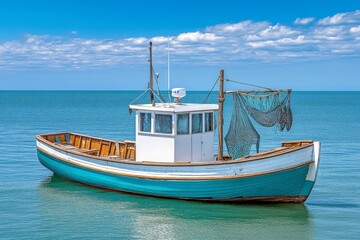 Fototapeta premium A classic shrimp boat floating near the docks in Georgetown, its nets hanging over the side