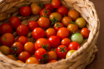 Ripe, tasty, red cherry tomatoes in a wooden basket