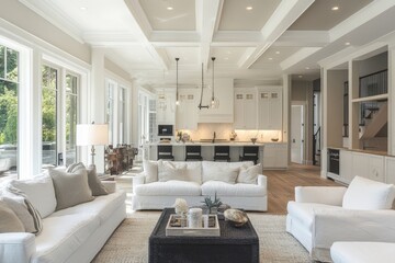 Bright open concept living room and kitchen with white sofas and a dark wood coffee table center