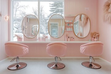 Interior view of a pink salon with three chairs and mirrors reflecting a snowy outdoor scene