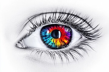 A close-up of a person eye, with a striking red iris that contrasts against their pale skin