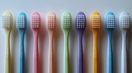 Toothbrushes in pastel hues, lined up neatly on a white surface