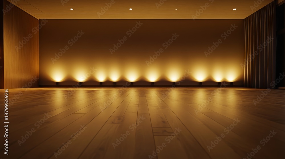 Poster Dark walls and wooden floors define this elegant room, softly illuminated to evoke a mysterious and minimalist ambiance perfect for various settings