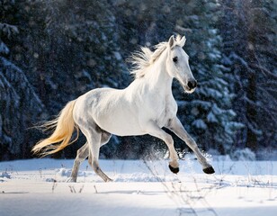 White horse galloping through the snow in a winter forest, snowflakes falling