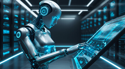 A sleek, metallic humanoid AI robot analyzing streams of data on a futuristic transparent touchscreen