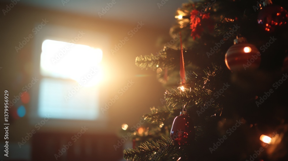 Poster A stunning Christmas tree adorned with vibrant ornaments and lights sparkles in the soft glow of sunlight, creating a cheerful holiday atmosphere with ample copy space