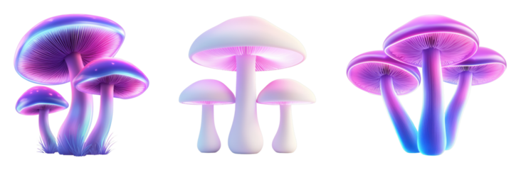 Vibrant neon mushrooms with glowing features