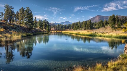 Fototapeta premium Serene mountain lake reflecting trees and sky a peaceful landscape with a wooden bridge
