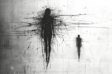 A striking silhouette of a man and a woman against a grunge-style background. The contrast between the dark figures and the textured backdrop creates an artistic, edgy atmosphere