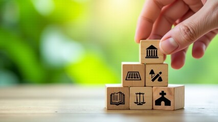 Wooden Blocks Stacked With Government Icons