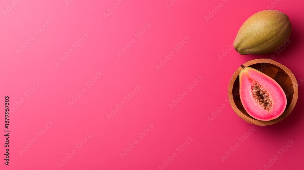 Poster fresh pink guava sits in a wooden bowl with a half slice revealing its bright pink flesh, creating a