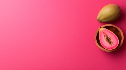 Fresh pink guava sits in a wooden bowl with a half slice revealing its bright pink flesh, creating a tropical feel and inviting the viewer to indulge