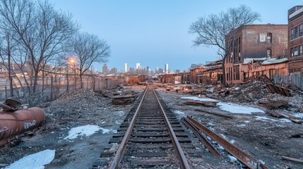 Fototapeta premium Abandoned railroad tracks leading towards an urban city skyline at dusk