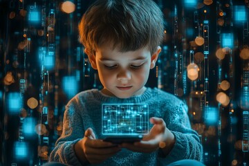 A young boy intently looking at a glowing screen with digital patterns and futuristic background lights