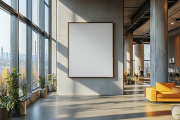 A modern interior with a blank square frame, large windows, plants, and a yellow sofa in sunlight
