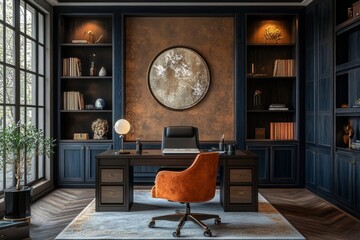 A luxurious home office with dark wood built ins and an orange chair in front of a large desk area