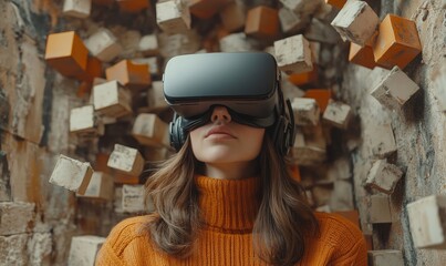 Woman wearing vr headset with floating cubes in background creating a virtual reality environment