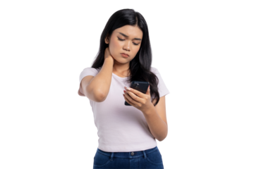 Young Asian woman holding smartphone and massaging neck, feeling pain or discomfort, isolated on transparent background