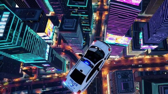 sci-fi scene of a flying police car patrolling above a futuristic cityscape