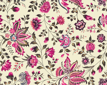 Allover pattern with a pinkish flowers bail work and antique style work seamless pattern digital all over design 