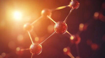 Close up of a molecular structure with red spheres and connecting rods under bright light